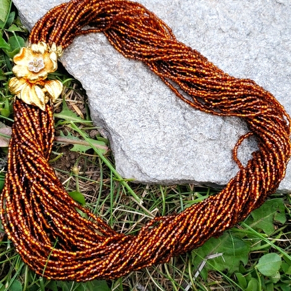 Vtg Amber Glass Bead Flower RS Torsade Necklace - Picture 5 of 8